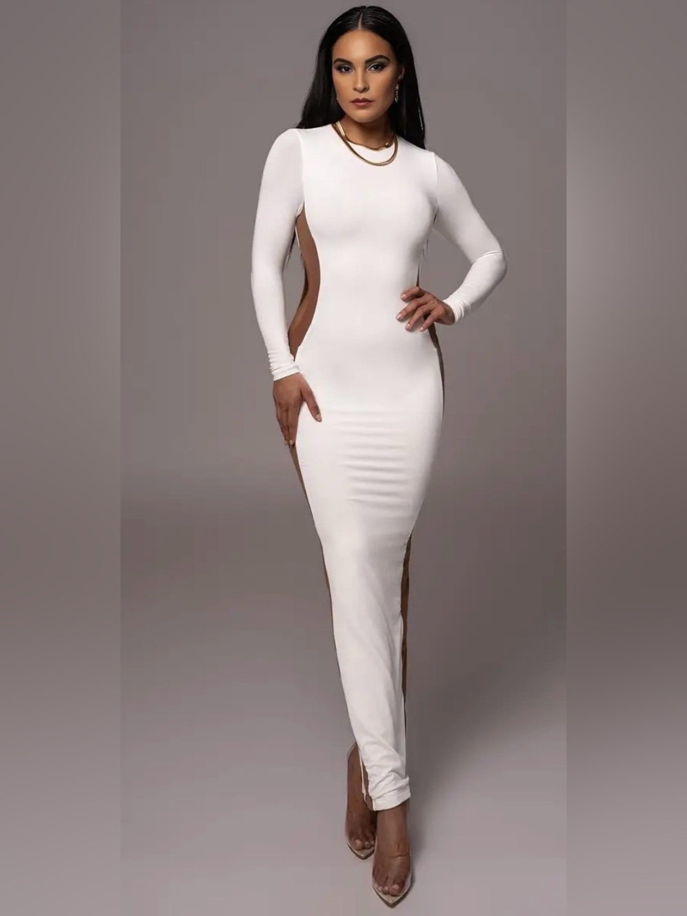 JLUXLABEL White Long Sleeve Bodycon Maxi Dress with Brown Side Panels